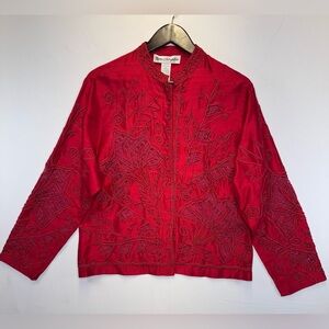 Norm Thompson Vintage Red Silk beaded‎ jacket blazer size Large Festive Party